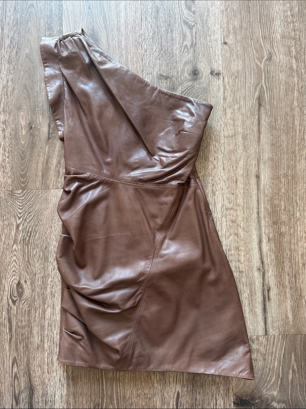 Lamarque One-Shoulder Brown Leather Mini Dress - Picture 5 of 6